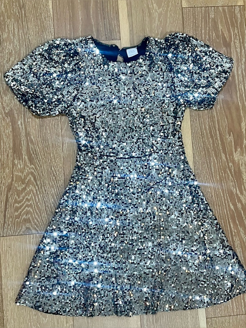 Zara Girls Silver Sequin Puff Sleeve Party Dress 13/14